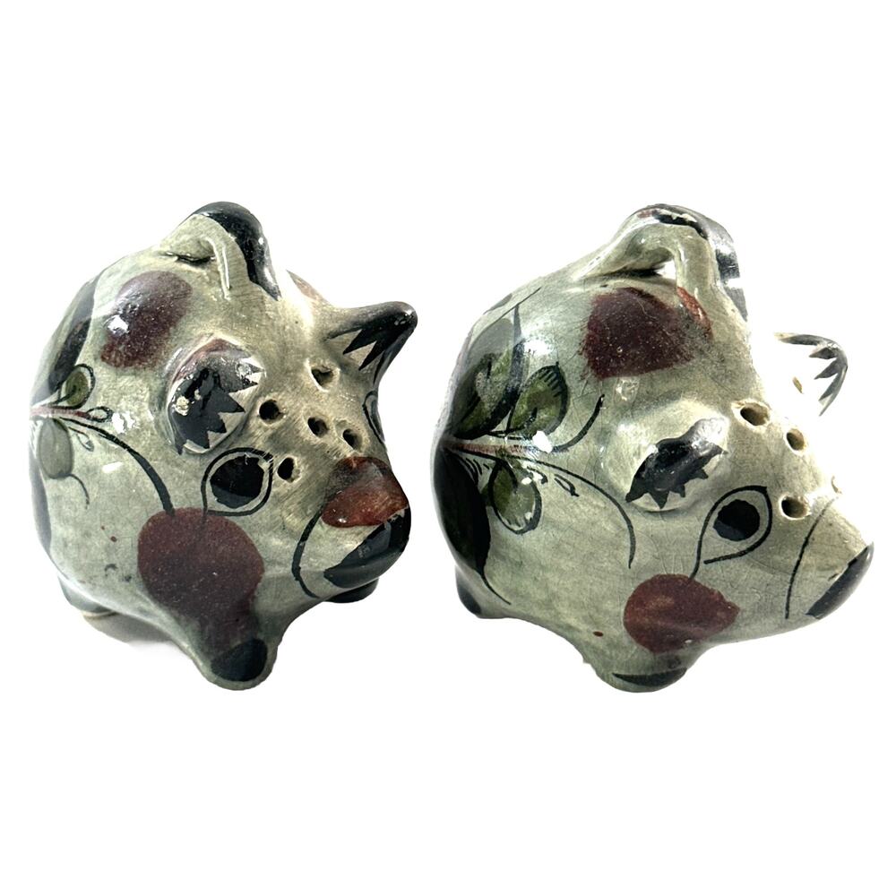 Vintage Salt And Pepper Shakers Gray Floral Pigs 2.5” Long & Tall